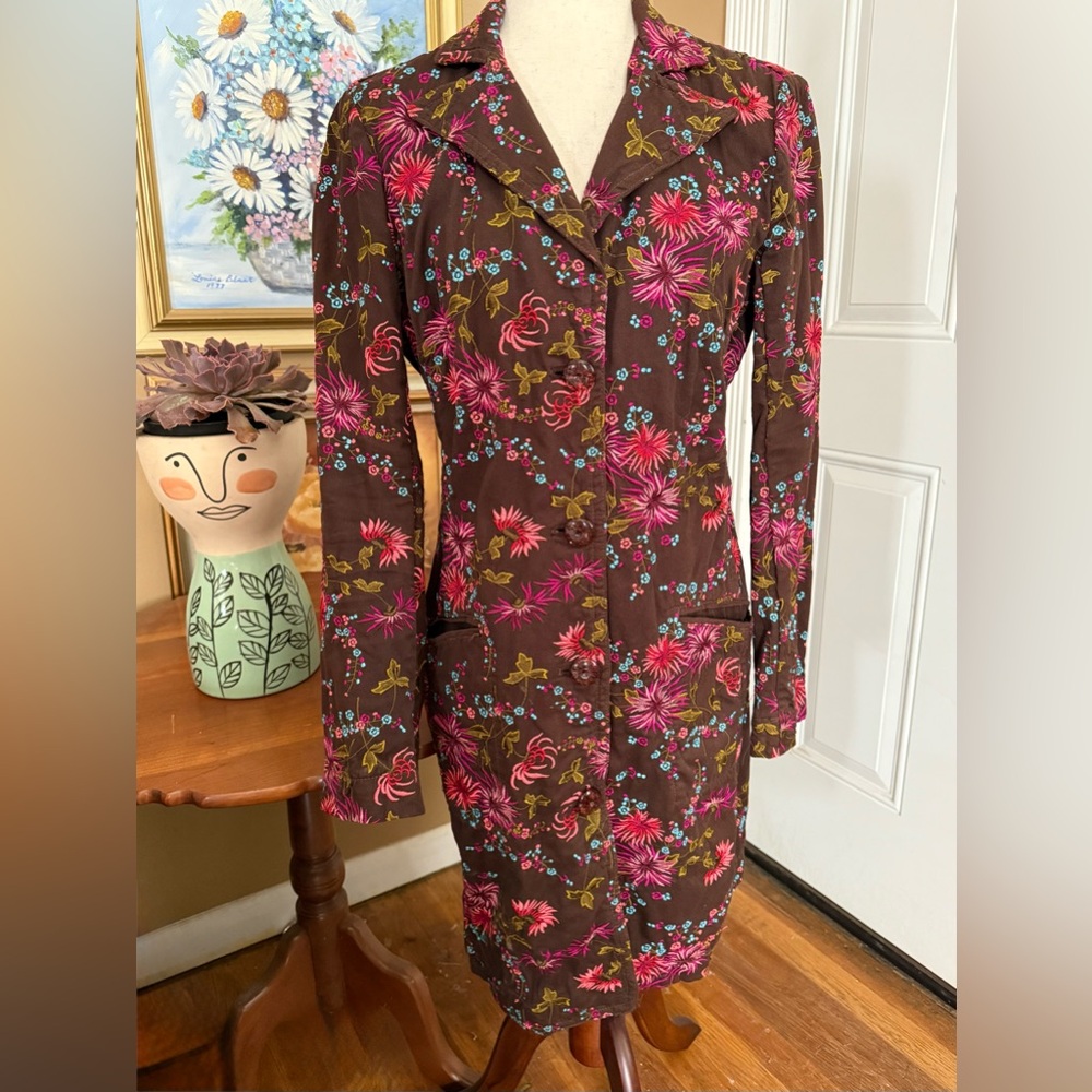 Johnny Was Embroidered Brown Cotton Coat Romantic Maximalist Medium Floral